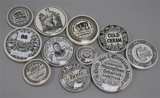Ten Victorian ointment and cold cream pot lids, including Holloways Ointment and Mrs Ellen Hales Heal-All Ointment, and a reproductio